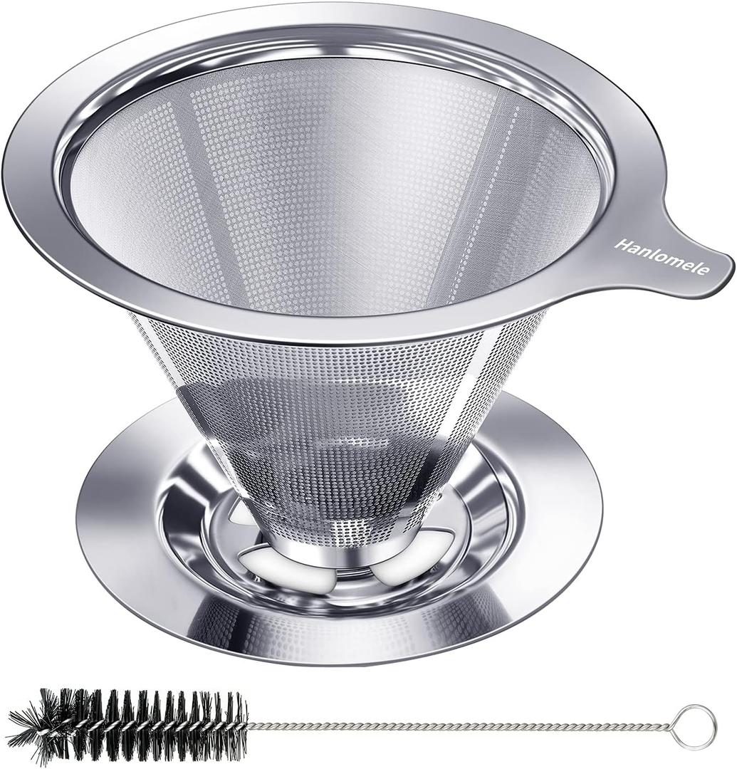 Pour Over Coffee Dripper, Paperless Reusable Coffee Filter, Pour Over Coffee Maker for Single Cup Brew, Double Mesh Design of Stainless Steel Cone Filter for Perfect Extraction (1-2 Cup)