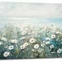 Coastal Daisy Floral Large Wall Art Rustic Wildflower Wall Decor Teal Blue Flower Field Beach Pictures Canvas Prints Painting Artwork Home Decoration for Restroom Bedroom Living Room 30"x60"
