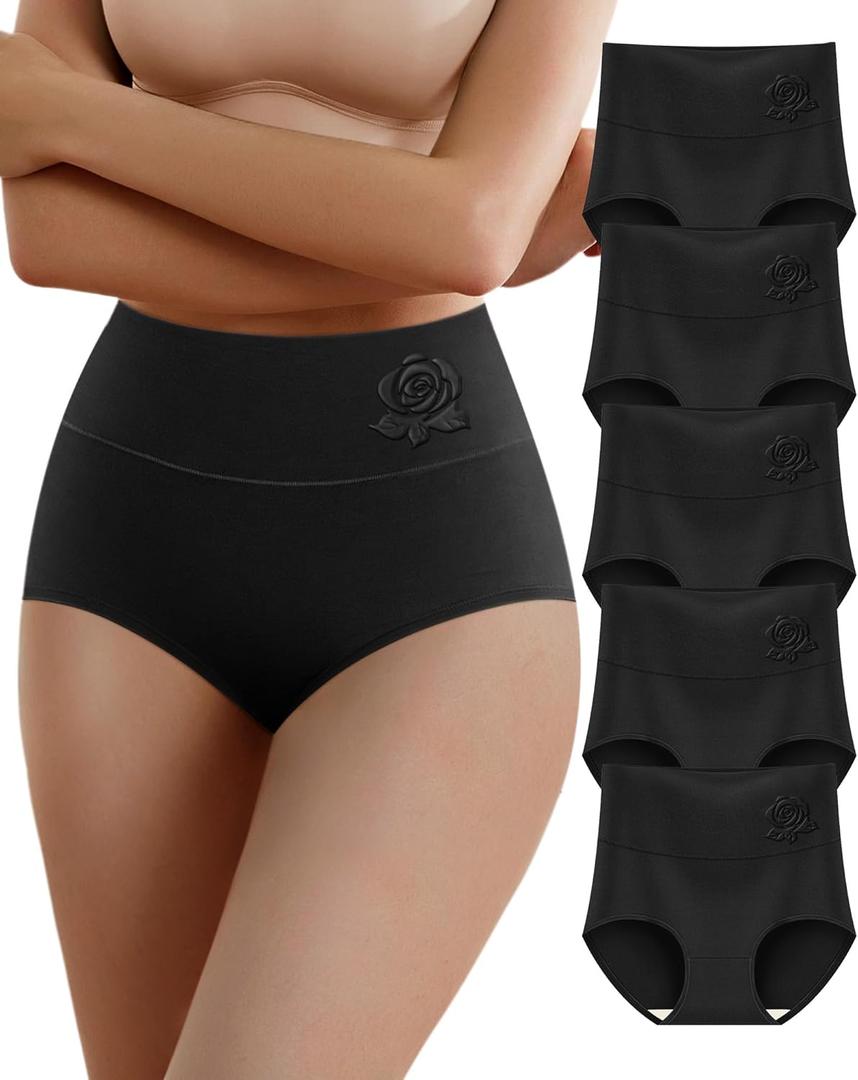 Women's Cotton Underwear High Waisted Tummy Control Stretch Soft Full Coverage Breathable Briefs 5 Packs (Medium)