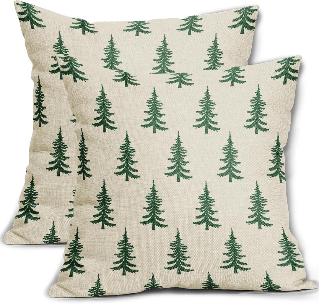 Christmas Tree Pillow Covers 24x24 Set of 2 Green Xmas Rustic Style Winter Print Decorative Outdoor Pillowcases Farmhouse Vintage Holiday Decorations Throw Cushion Case Couch Sofa Bed Decor