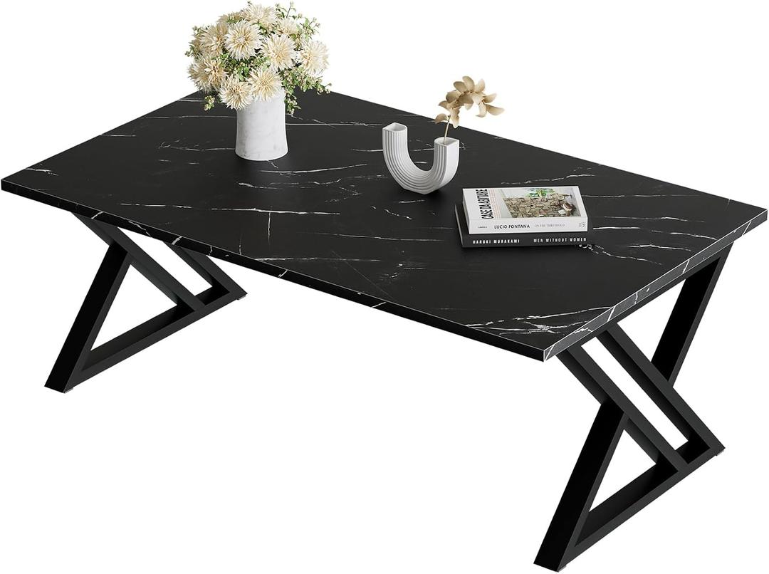 Wolawu Coffee Table Living Room Table Black Center Table, Simple Modern Faux Marble Rectangular Tea Table with Sturdy Black-Finished Metal Frame,Industrial Wooden Coffee Table for Bedroom Home Office