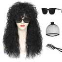 Adequate Womens 80s Rocker Mullet Wig Halloween Costume Wig Long Curly Black Party Funny Wig (Black)