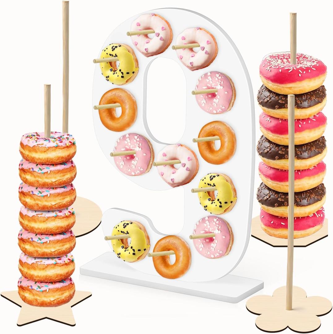 5 Pcs Donut Stand Set, Doughnut Party Supplies Include 1 Pc Digit Donut Wall Display Stand, 4 Pcs Doughnut Wall, for Birthday Wedding Baby Shower Party (White number 9)