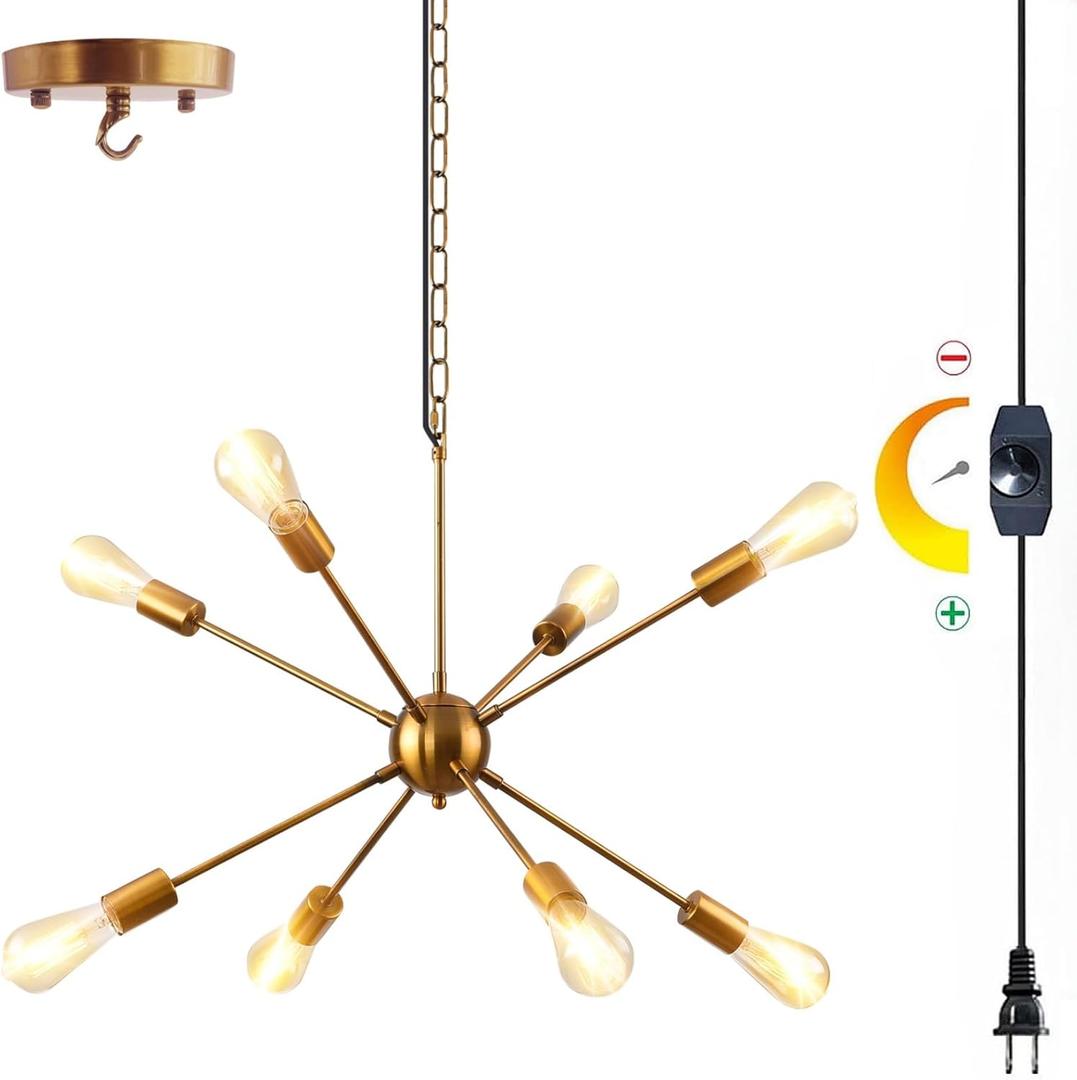 HOXIYA 26.3" DIMMABLE Plug in Chandelier, Modern Sputnik Chandeliers Brushed Gold 8Lights Plug in Pendant Light, Mid Century Hanging Ceiling Lighting Fixture for Dining Room Bedroom Kitchen Entryway