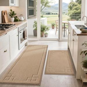BEQHAUSE Kitchen Rugs Non-Slip Washable Rug Sets of 2, Machine Washable Kitchen Mats Absorbent Soft Kitchen Runner Rugs for Floor,Sink,Hallway,Laundry,24x36+24x60, Beige
