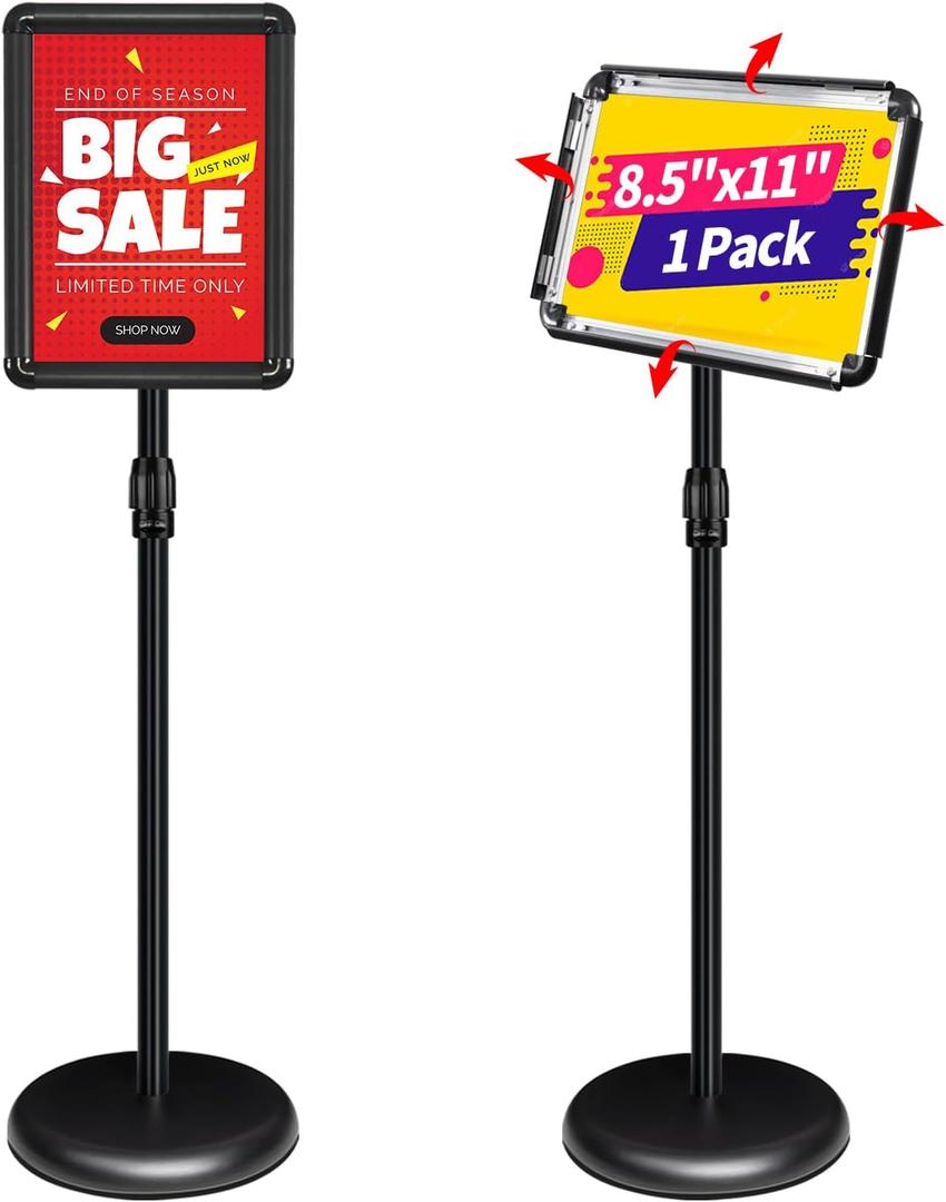 Adjustable Pedestal Sign Holder Stand 8.5''x11'', Floor Standing Poster Sign Stand, Aluminum Frame for Vertical/ Horizontal View Sign Stand, Outdoor/ Indoor Standing Sign Holders(Black, Round)