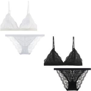 Lace Bralettes for Women Floral Adjustable Thin Strap V Neck Hook Eye Unpadded Triangle Bralette Wire Free Bra (Medium, 2 Pack-Set (Black, White)