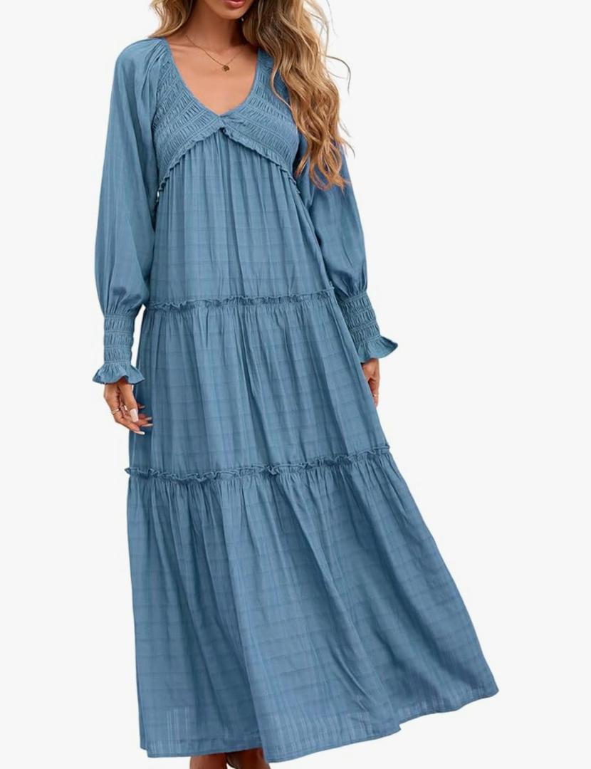 Women Summer Casual V Neck Long Sleeve Maxi Dresses 2026 Solid Ruffle Tiered Pleated Flowy Long Wedding Guest Dress XL