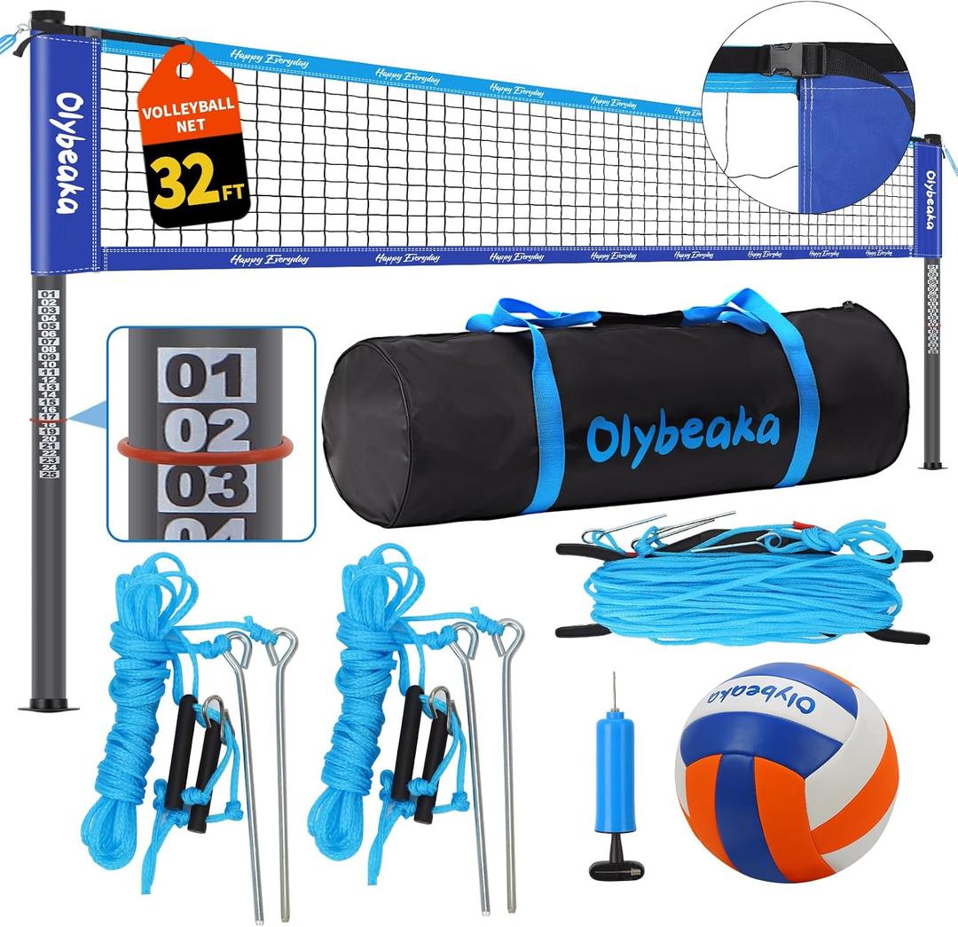 20ft / 32ft Portable Outdoor Volleyball Net Set for Backyard Beach Grass with Heavy Duty 1.25" Adjustable Poles, 28-Ply PE Net, PU Volleyball & Pump, Large Storage Bag