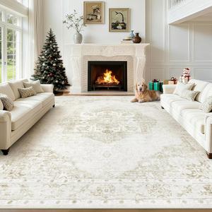 8x10 Area Rugs for Living Room, Large Washable Vintage Floral Carpet Non Slip, Stain Resistant Low-Pile Floor Mat for Bedroom Dining Room, Soft Touch Kid & Pet Friendly Traditional Decor (Beige, 8x10)