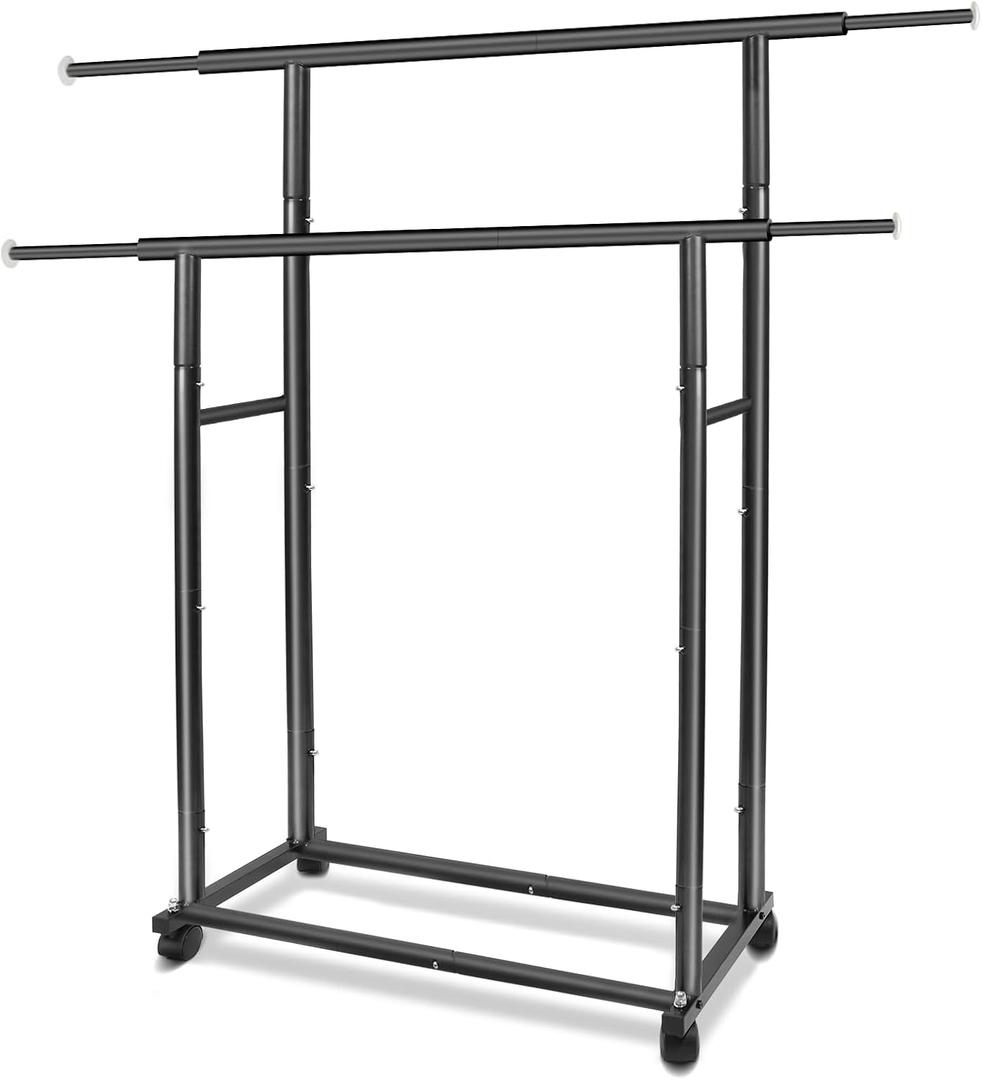Black Simple Standard 2 Double Rod Clothing Metal Garment Rack for Hanging Clothes, Rolling Clothes Organizer with Mobile Lockable Wheels