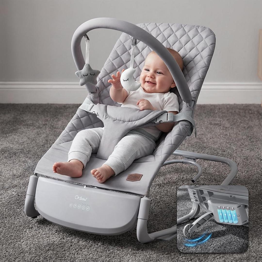 Orzbow Electric Baby Rocker with Innovative Auto Rocking Motion, Adaptable 3-Speed, Smart Tap Sensing, Soothing Sounds, and 3 Recline Positions, 2-in-1 Automatic Baby Rocker Chair, Grey