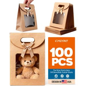 CYGYINT 100Pcs Brown Gift Bags with Clear Window 4.7''x2.4''x6.2'' Variety Stand Up Window Gift Bags with Handles for Candy, Cookies, Wedding Favors, Christmas Party, Retail Packaging