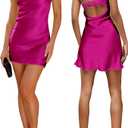 Womens Open Back Mini Dress Sexy Satin Floral Elegant Strapless Cocktail Dresses Date Night Party Club Bandeau Tube Dress Rose Red, Small