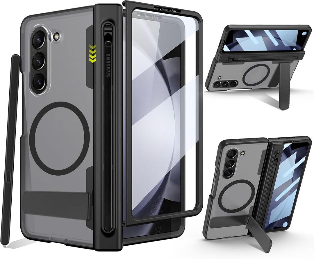 for Samsung Galaxy Z Fold 5 Case with New Integrate Thinner Pen Holder, Adjustable Metal Stand, for Round Shape Magsafe Accessories, Screen Protector,Translucent Clear Back Magnetic 2023-Black