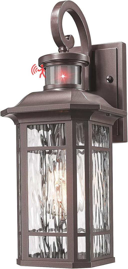 Outdoor Porch Light Motion Sensor Outdoor Wall Lights Exterior Motion Sensor Light, Lantern Cage Coach Carriage Light with Water Ripple Glass for Front Door Garage Patio