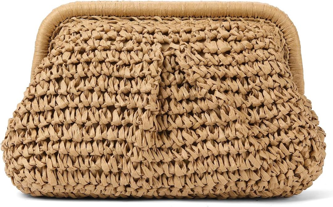 Straw Clutch Purses for Women Cloud Dumpling Pouch Straw crossbody Handbag Summer Beach Woven Shoulder Bags (Khaki)