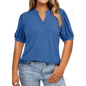 Eytino Womens Plus Size Tops V Neck Puff Short Sleeve Summer Loose Casual Solid Tees Shirts(1X-5X) (XL)