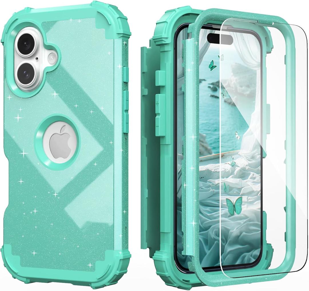IDweel for iPhone 16 Case with Screen Protector for Women, 3 in 1 Shockproof Slim Fit Hybrid Heavy Duty Hard PC Cover Soft Silicone Bumper Full Body Anti-Fingerprint Case,Glitter Cyan