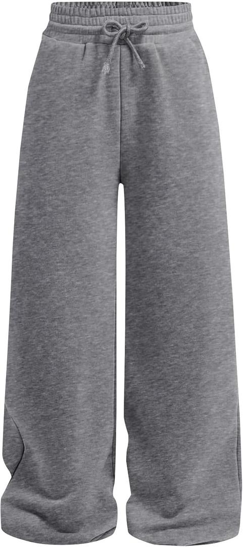 Girls Wide Straight Leg Loose Sweatpants Elastic Waist Drawstring Jogger Pants Dark Grey 11-12Y 
