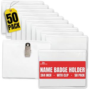 1InTheOffice Name Tag Holders with Clip,3x4, Clear ID Holder, Name Badge Holder with Clip, Horizontal (50 Pack)