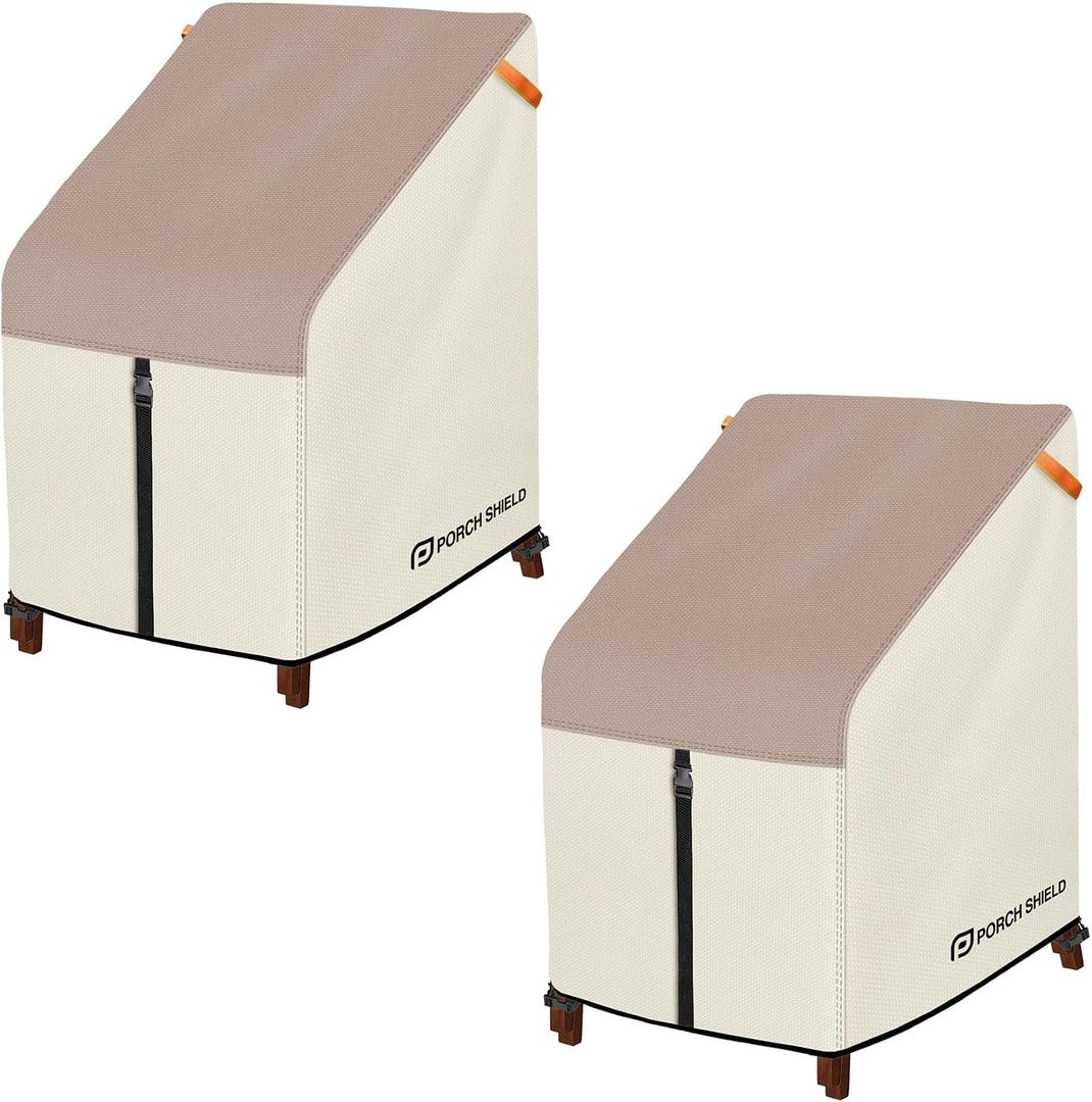 Porch Shield Patio Stackable Chair Covers - Waterproof Outdoor Stack of Chair Cover 2 Pack - 27W x 33D x 46H inch, Light Tan & Khaki