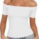 Fisoew Off The Shoulder Tops for Women - Going Out Summer Short Sleeve Shirts Cute Y2k Sexy 2026 Date Basic Outfits (White, S)