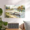 the stream design Lake Wall Art Canvas Painting: Landscape Nature Picture Textured Boat Print Decor Living Room Bedroom Artwork Decoration, 24"L x 16"W