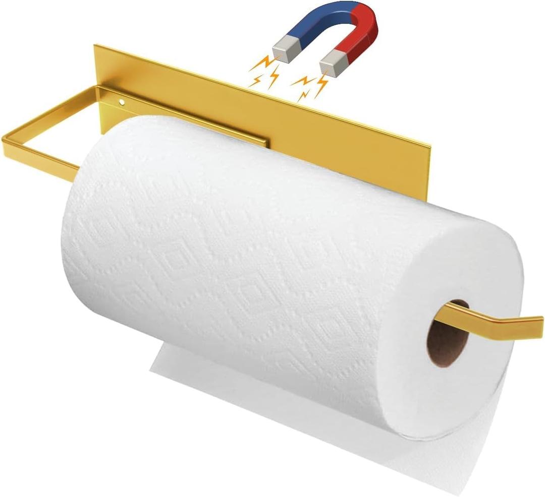 Gold Paper Towel Holder, Magnetic Paper Towel Holder for Fridge, Toilet Paper Roll Holder Magnet Fridge Rack Wall Mount Towel Organizer for Paper Towels Rolls Bathroom Pantry RV Kitchen Storage Golden