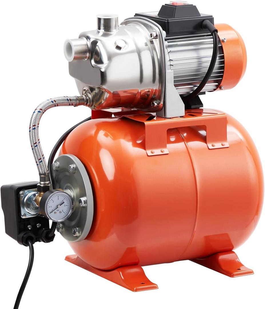 1HP Shallow Well Pump With Pressure Tank, Maximum Head 130FT, 800GPH 115V Stainless Steel Irrigation Jet Pump, Automatic Water Booster System for Home, Garden, Lawn