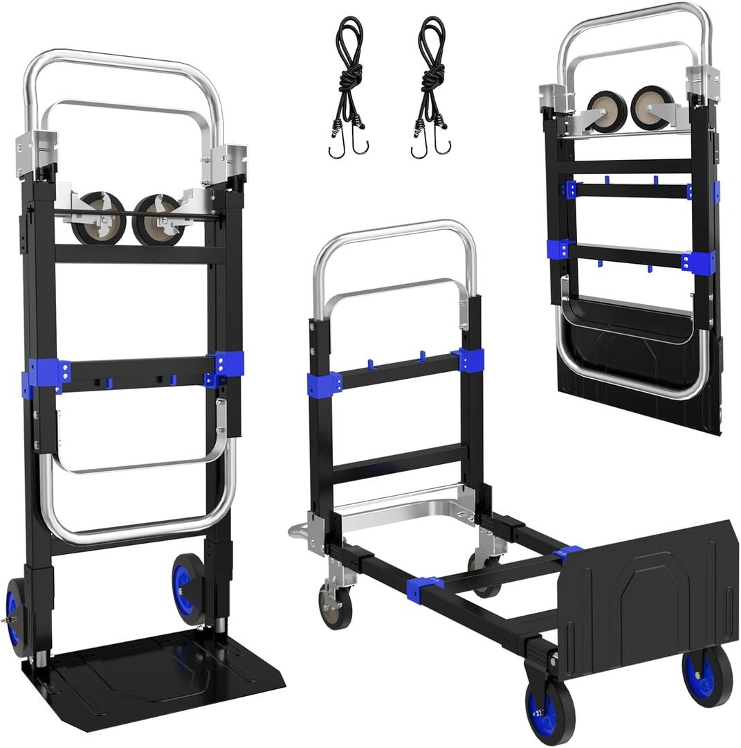 3 in 1 Hand Truck, 600Lbs Capacity, Heavy Duty Collapsible Cart with Retractable Handle, Dolly Cart with 2 Universal Wheel with Brake for Moving Home, Office, School, Shopping, Warehouse, Blue