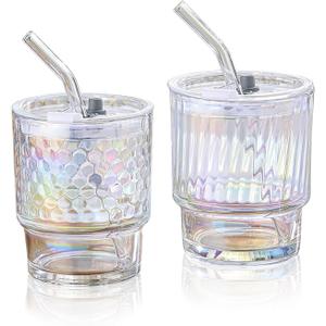 2 Pcs Colorful Glass Coffee Cups with Lids and Straw, 13.5 oz Iced Coffee Cup with Stripe Style and Polka Dot Style, Tumbler, Cute Coffee Mugs, Drinking Water Cup (Polka dots & stripes)