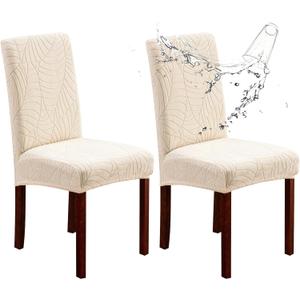 Genina Waterproof Chair Covers for Dining Room Set of 2, Stretch Jacquard Dining Chair Slipcovers Removable Washable Chair Protectors Cover for Kitchen, Hotel, Restaurant (Leaves-Beige, 2 PCS)
