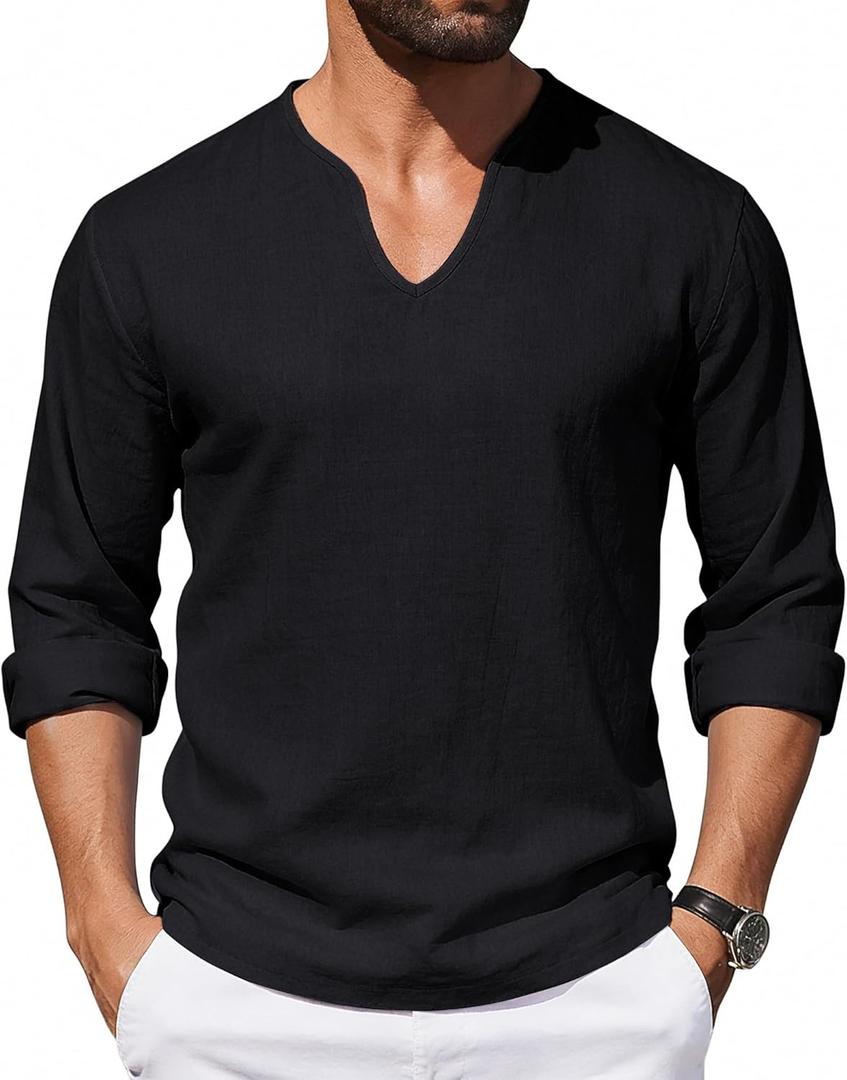 Men's Cotton Linen V Neck Shirt Casual Long Sleeve Summer Beach Yoga Tops Loose Fit Lightweight Hippie Outfits, Medium