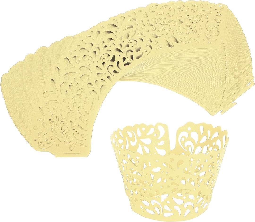 HARFINGTON 50pcs Cupcake Liners Wrappers Water Droplet Hollow Out Artistic Baking Packaging Disposable Bulk Cups for Wedding Birthday Party Decoration Baking Cake Desserts, Light Yellow