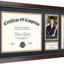 11x22 Diploma Frame with Tassel Holder, Graduate Frame for 8.5x11 Certificate Document and 4x6 Photo, Linen Texture Blue over Gold Double Mats, HD Real Glass, Mahogany with Gold Beads Embossing