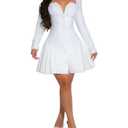 acelyn Womens Elegant Square Neck Pleated Mini Dresses Long Sleeve Button Flared Formal Cocktail Party Club Short Dress White XL