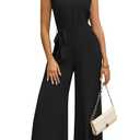 One Piece Jumpsuits for Women Dressy Summer Casual Sleeveless Crew Neck Wide Leg Pants Rompers with Waist Belt (J2425-Black-S)
