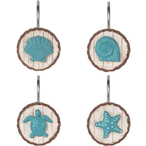 Sunlit Ocean Decorative Shower Curtain Hooks, Sea Turtle Spiral Shell Starfish Conch Shower Curtain Rings, Resin, Nautical Farmhouse Bathroom Decoration Beach Shower Curtain Hooks-12 Pack, Teal Blue