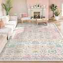 Lahome Pink Boho Area Rug, 8x10 Washable Rugs for Bedroom Girls Living Room, Soft Blush Floral Non Slip Pastel Thin Floor Carpet for Classroom Playroom Home Decor
