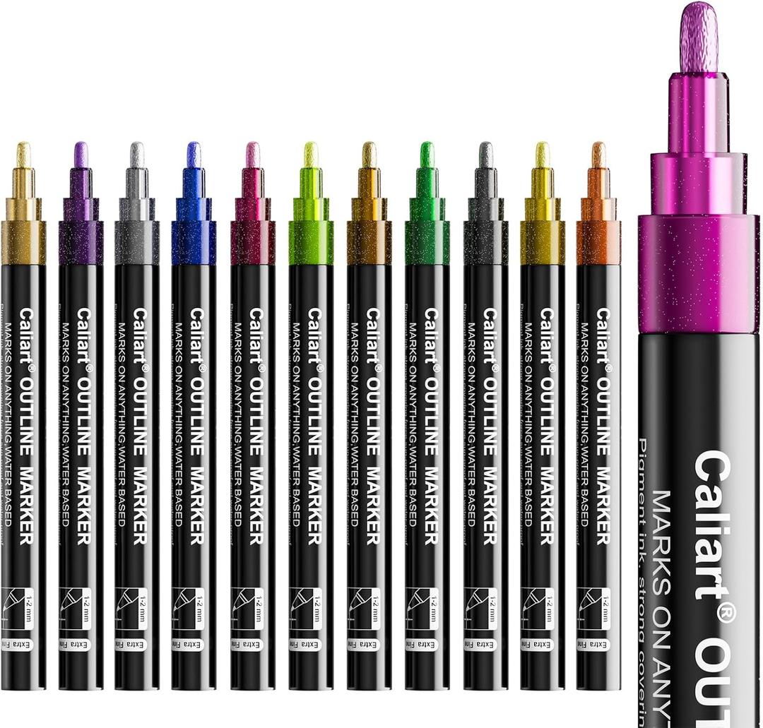 Caliart 12 Colors Outline Markers Shimmer Glitter Pens, Doodling Marker Set for Adults Artists, Cool Fun Craft Drawing Art Supplies