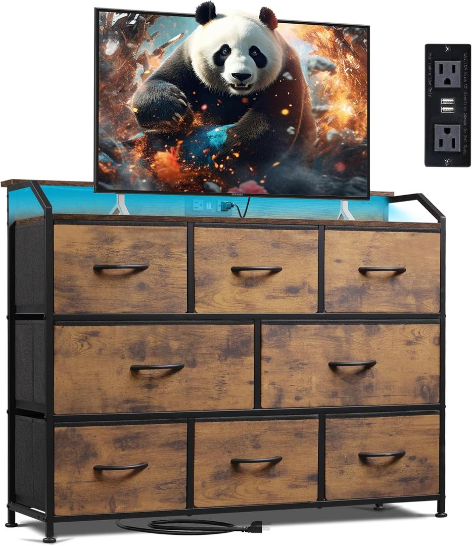 WLIVE Led Dresser for Bedroom, TV Stand for Bedroom with LED Lights and Power Outlet, Wide Chest of Drawers for Hallway, 8 Fabric Drawers for Living Room and Entryway, Rustic Brown (Rustic Brown Wood Grain Print)