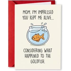 4 x PTRUKD Funny Mothers Day Card for Mom - Impressed You Kept Me Alive Dead Goldfish Joke - Sarcastic Mother's Day Greeting Card from Son Daughter, Mothers Day Gifts for Mom from Daughter Son