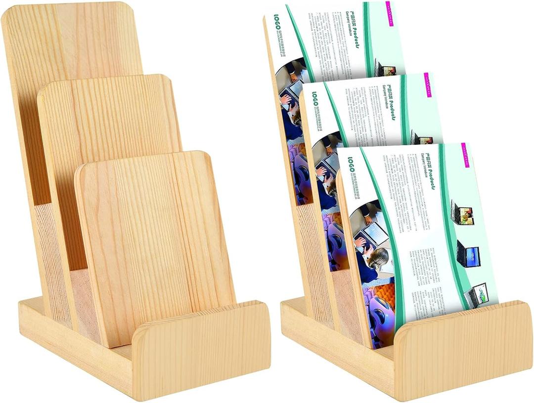 2 Pieces 3-Tier Pine Wood Literature Holder pamphlet display stand Trifold Brochure Organizer Flyer Holder Postcard Display and Countertop Wooden Display Stand Book Display for Magazine Pamphlet