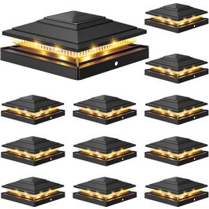 APONUO Solar Post Cap Lights 12-Pack, Black IP64 Waterproof 16 LED Fence Post Solar Lights for 4x4 5x5 6x6 Wood/Vinyl Posts, 2-Mode Deck Post Lights Solar Powered, 10-Hr Lighting for Patio Yard Porch