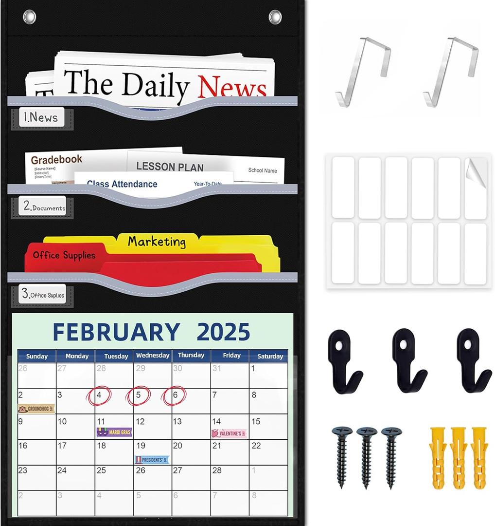 4 Pockets Hanging Wall File Organizer 15" Extra Wide Pocket Chart for Classroom, Office, Home, Mail Organizer Wall Mounted with 1 Writable Clear Pocket, 5 Wall/ Door Hooks & 12 Labels (Black)