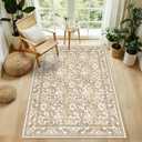 Floral Entryway Rug 3x5 Machine Washable Small Boho Area Rug Non Slip Vintage Low Pile for Living Room Bedroom, Kids Playroom, Beige/Multi