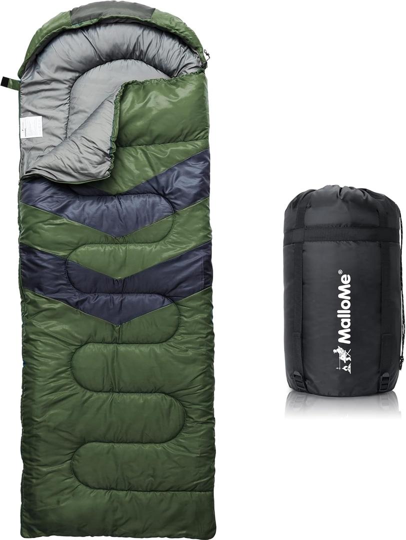 MalloMe Sleeping Bags for Adults Cold Weather & Warm - Backpacking Camping Sleeping Bag for Kids 10-12, Girls, Boys - Lightweight Compact Camping Essentials Gear Accessories Hiking Sleep Must Haves (50-80F Everyday 3 Season - Green)