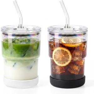 13 Oz Glass Cups with Lids and Straws, Reusable Iced Coffee Water Tumblers, Sealed Carry-On Thick Wall Drinking Cups for Cold Brew, Smoothie, Juice (2 Pack-Aurora-White,Black)