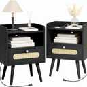 End Table Set of 2 with Charging Station, Diamond Dcor Nightstands Set of 2, Bedside Table Set of 2 with Solid Wood Legs, Black